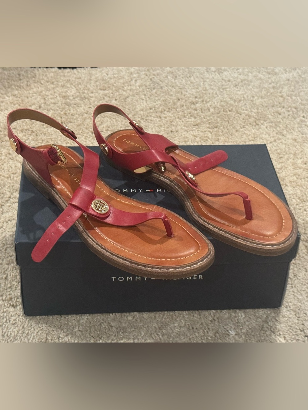 Tommy Hilfiger Red Leather T-Strap Slingback Sandals with Gold Accents